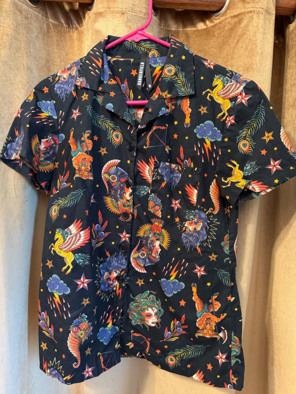 Dangerfield Black Button-Up Shirt with Multicolor Mythical Print